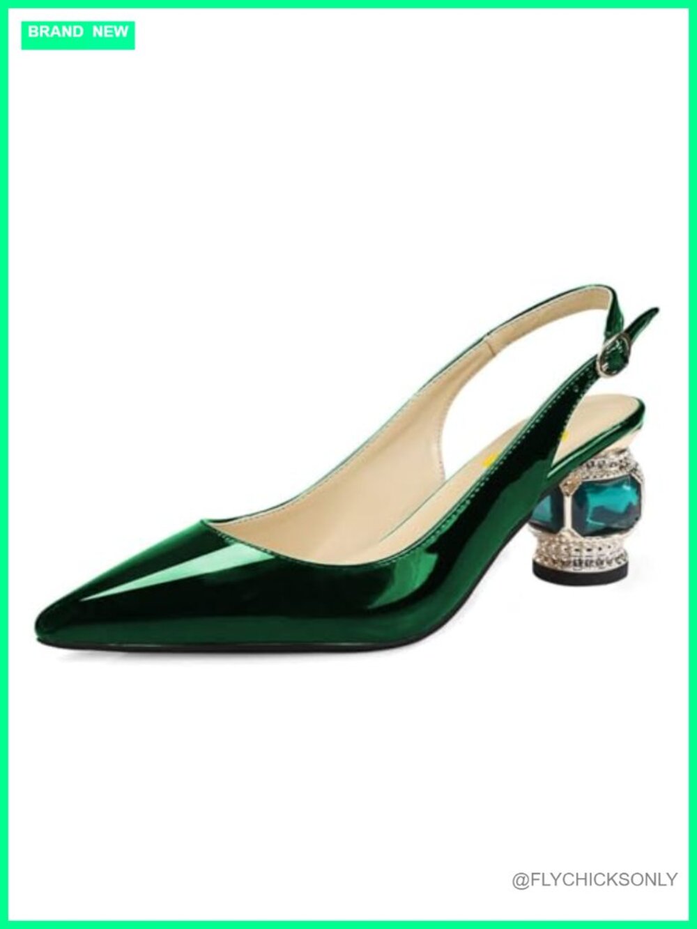 Pointed Toe Slingback Pumps with Rhinestone Block Heel and Ankle Strap